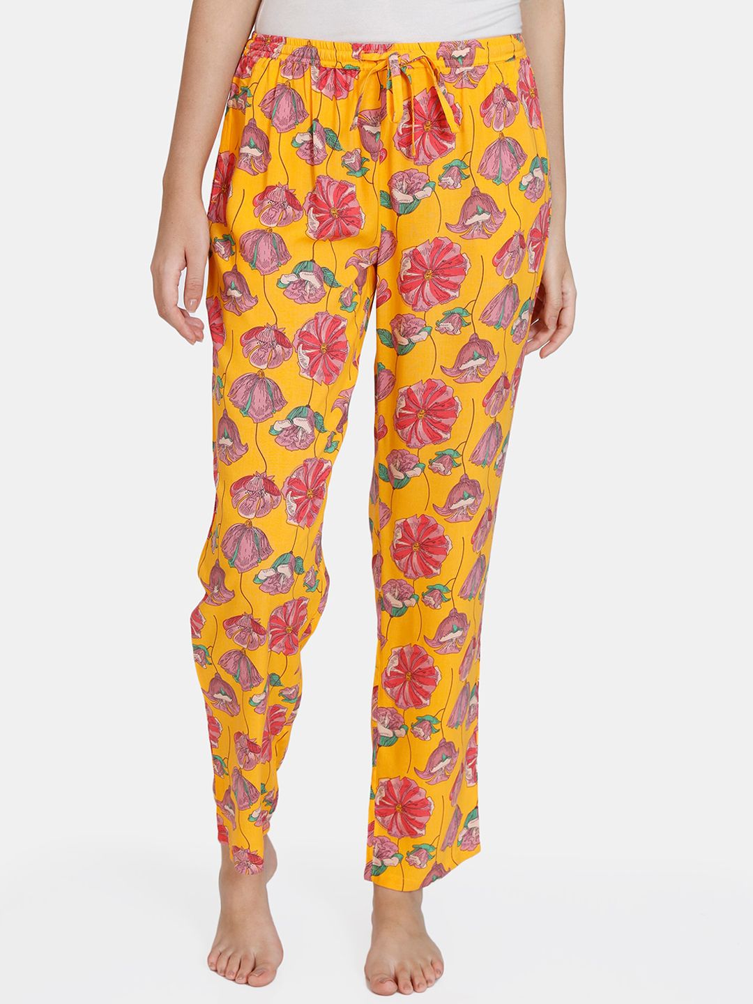 Zivame Women Yellow & Pink Printed Mid Rise Lounge Pants Price in India