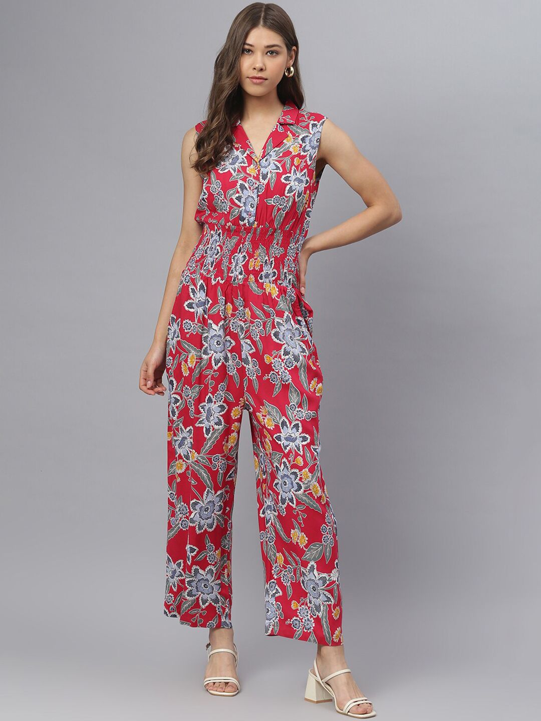 DEEBACO Red & Yellow Printed Cotton Basic Jumpsuit Price in India