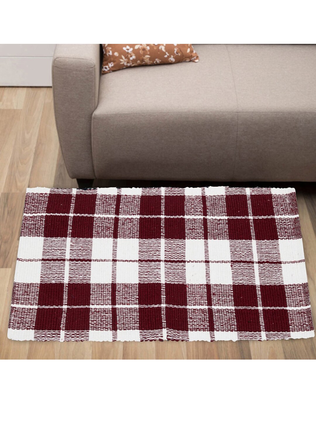 Home Centre Set of 2 Maroon & White Stripped Woven Cotton Dhurrie Price in India