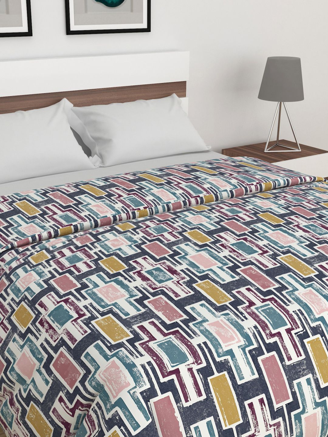 Home Centre Blue & Yellow Geometric Mild Winter Cotton Double Bed Quilt Price in India