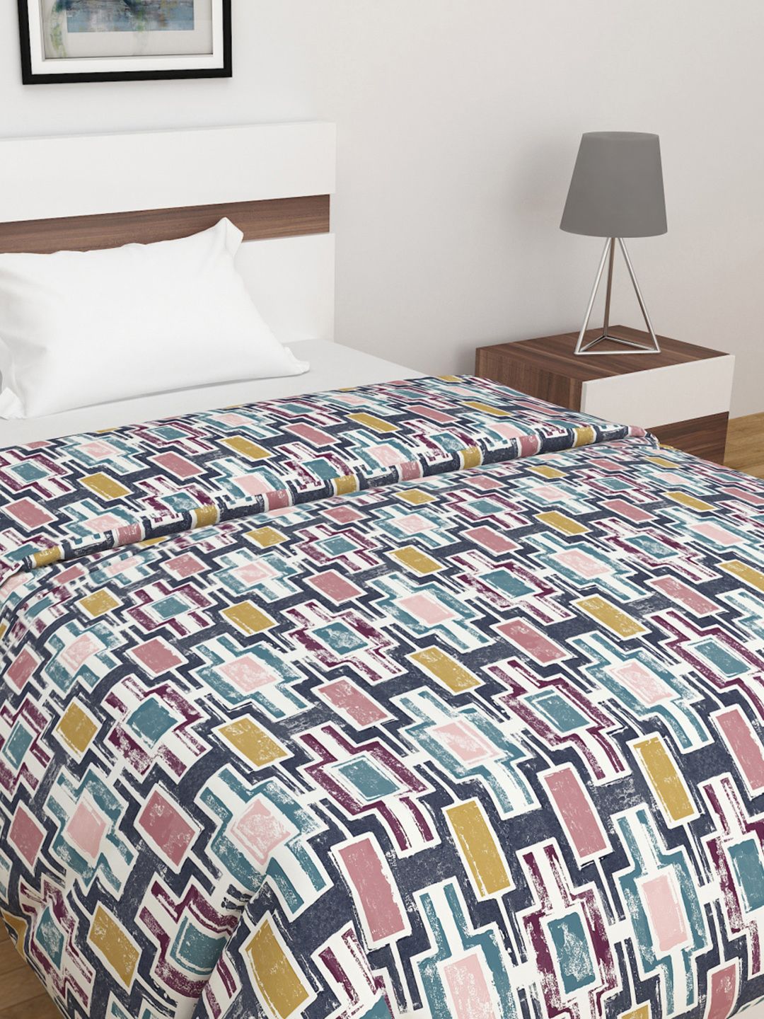 Home Centre Blue & Mustard Geometric Mild Winter Single Bed Comforter Price in India
