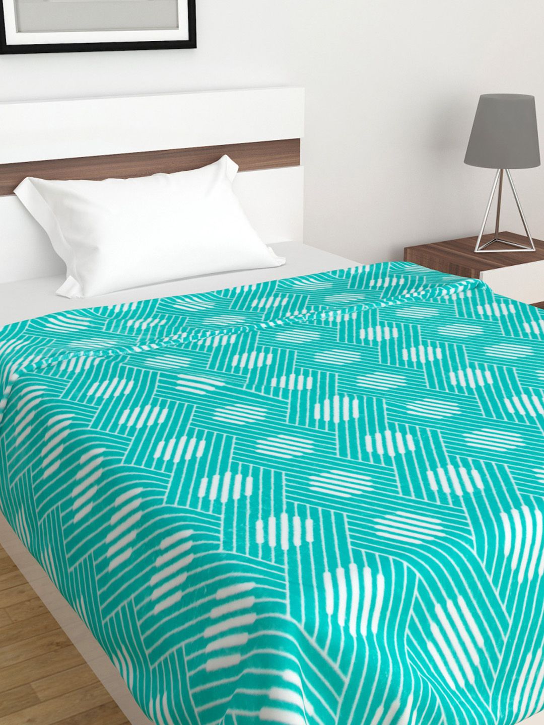 Home Centre Teal & White Geometric Mild Winter 210 GSM Single Bed Blanket Price in India