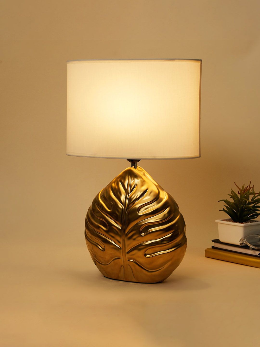 Home Centre White & Gold Leaf Ceramic Table Lamp Price in India