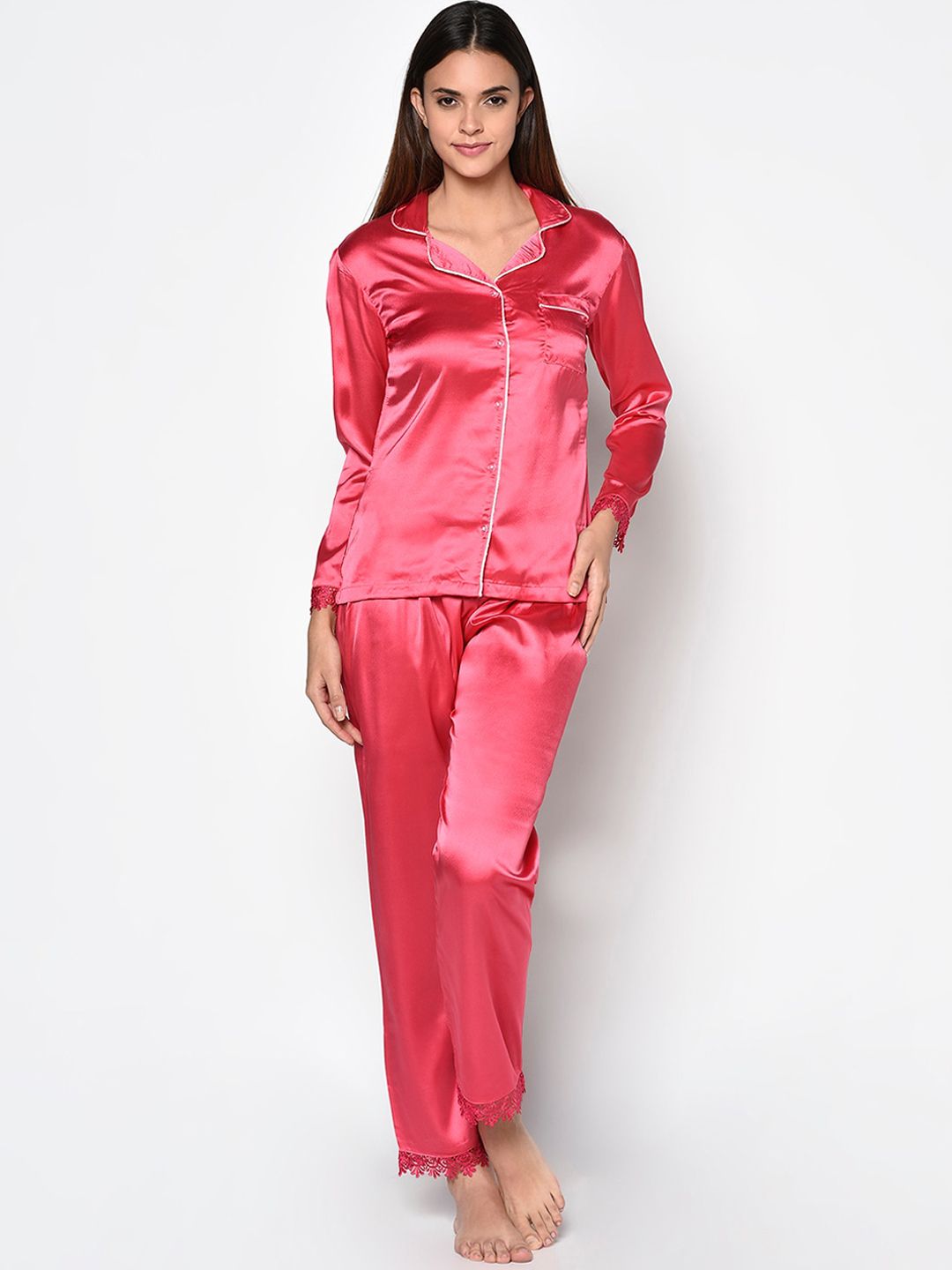 CUSHYBEE Women Fuchsia Satin Night Suit Price in India
