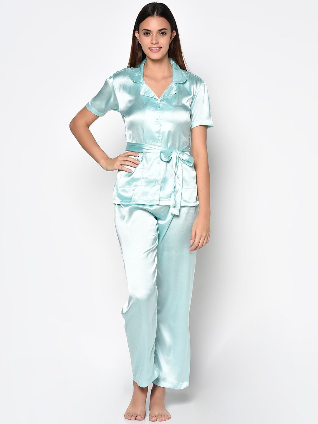 CUSHYBEE Women Sea Green Satin Night suit Price in India