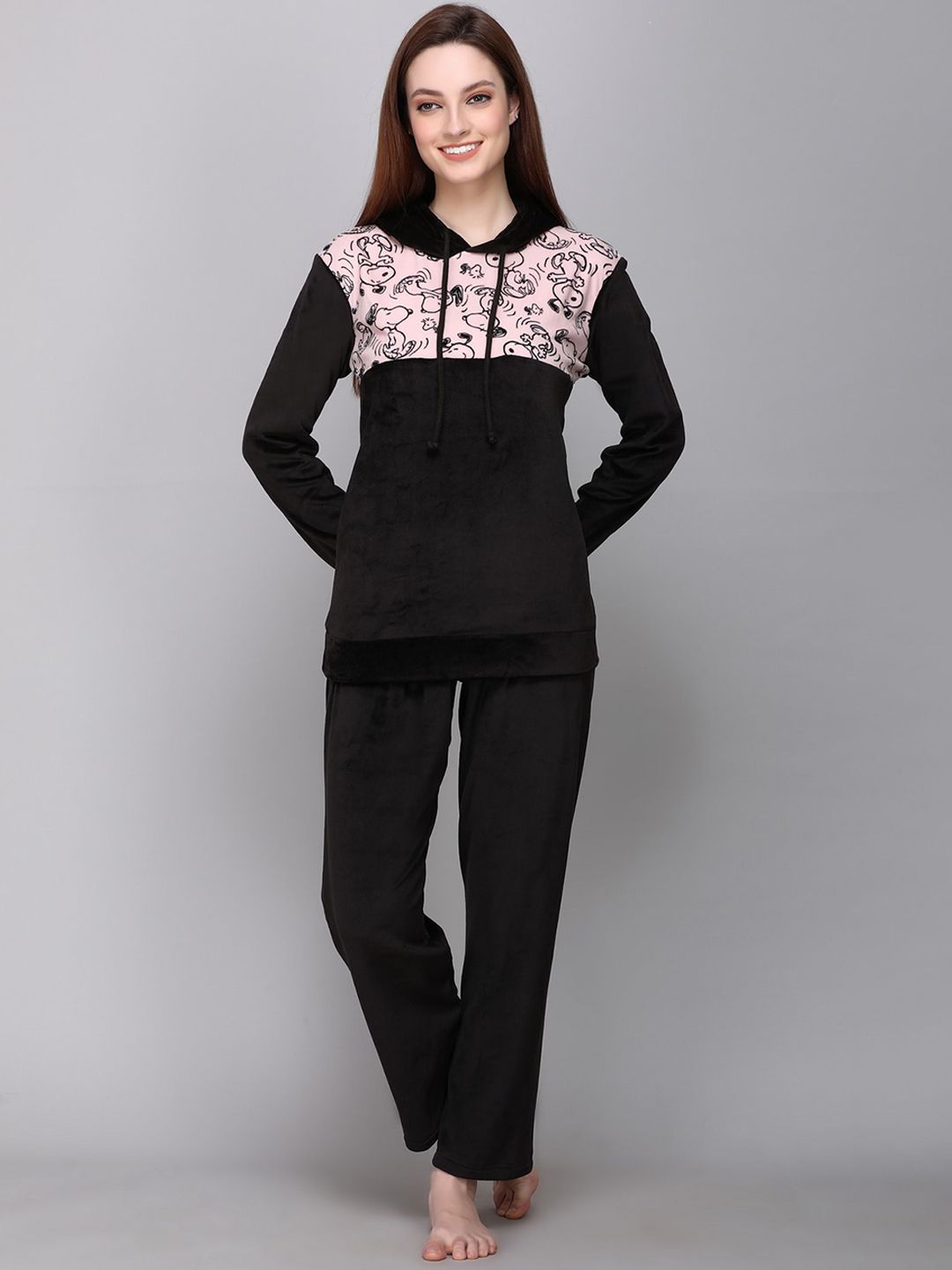 CUSHYBEE Women Black & Pink Printed Winter Wear Night suit Price in India