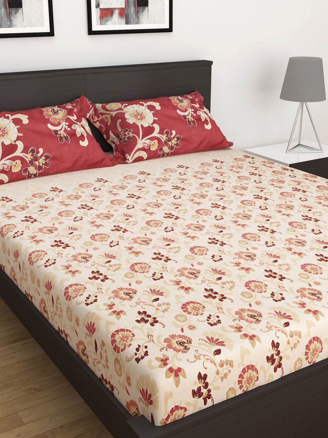 Home Centre Cream-Coloured & Red Floral 152 TC Single Bedsheet with 2 Pillow Covers Price in India