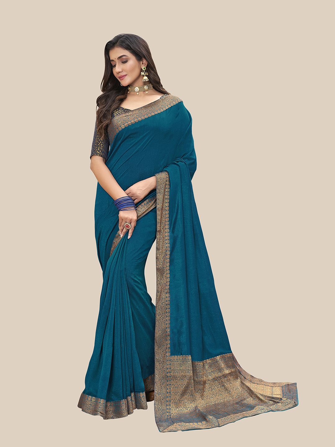 UNITED LIBERTY Teal Blue & Golden Zari Art Silk Banarasi Saree Price in India