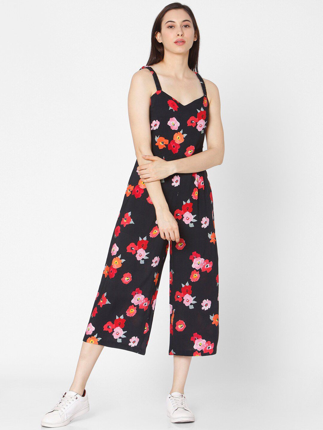 SPYKAR Black Floral Printed Culotte Jumpsuit Price in India