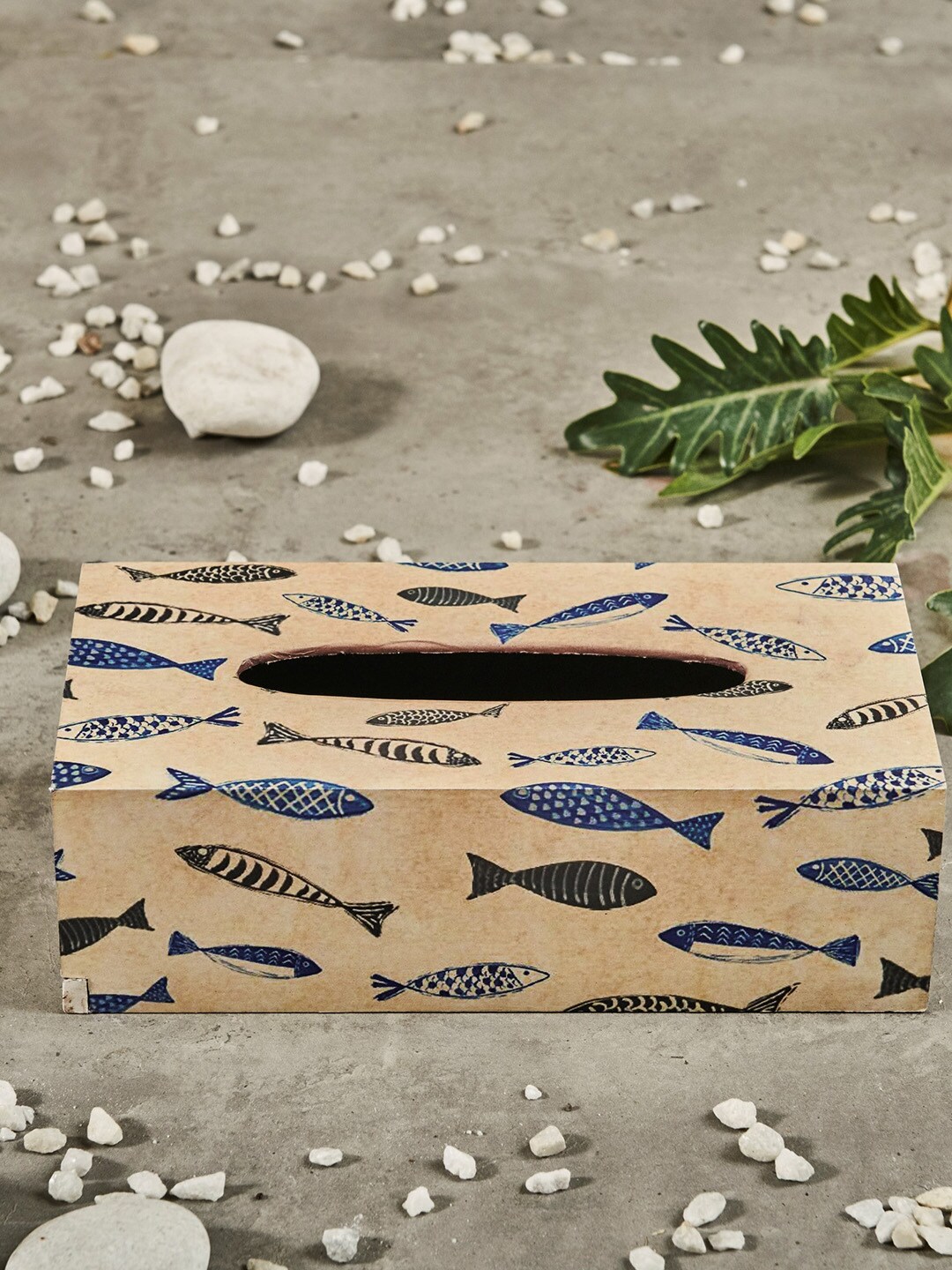 A Tiny Mistake Brown & Blue Printed Wooden Tissue Box Holder Price in India