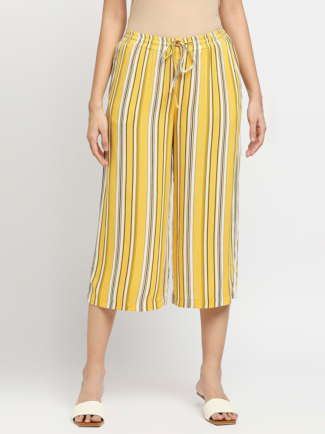 Ethnicity Women Yellow & White Striped Palazzos Price in India