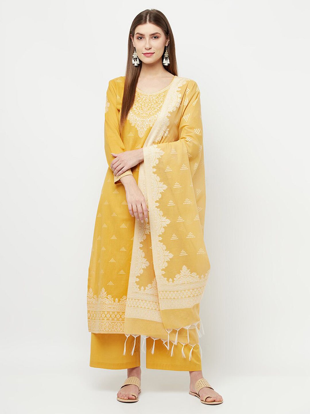 Safaa Yellow & White Woven design Unstitched Dress Material