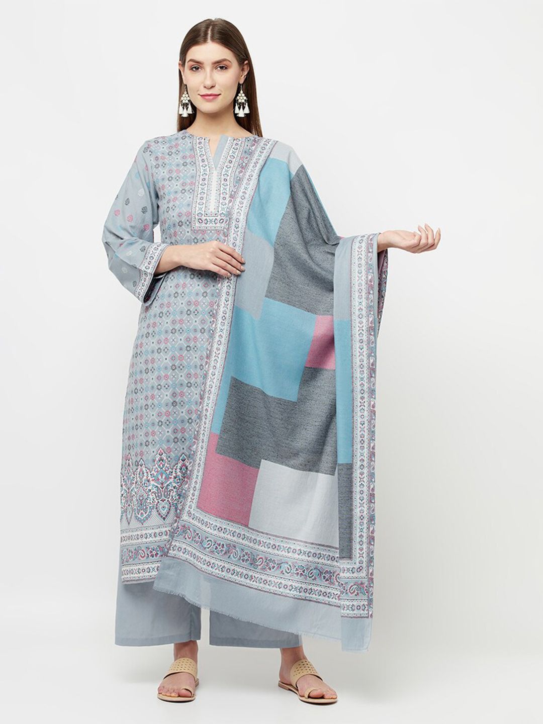 Safaa Grey & White Printed Unstitched Dress Material Price in India