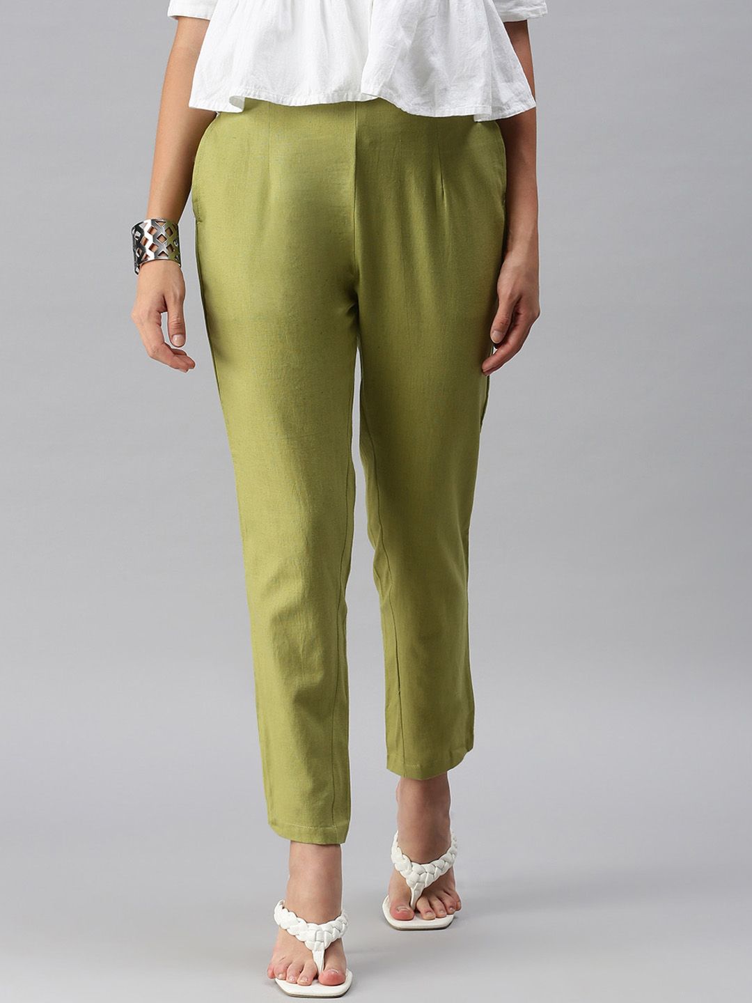 De Moza Women Lime Green Pencil Regular Fit Cigarette Trousers Price in India