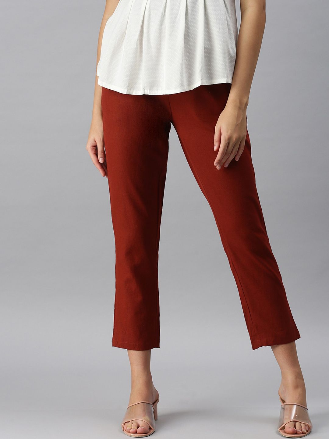 De Moza Women Red Pencil Pleated Trousers Price in India