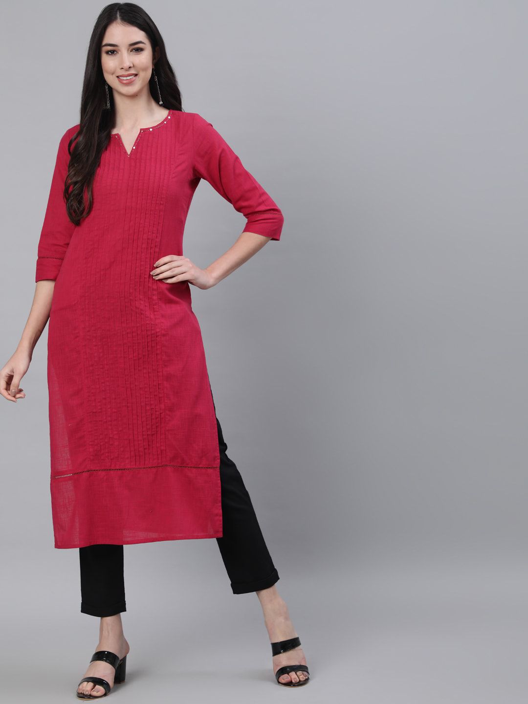 Jaipur Kurti Women Pink Panelled Pure Cotton Kurta with Trousers Price in India