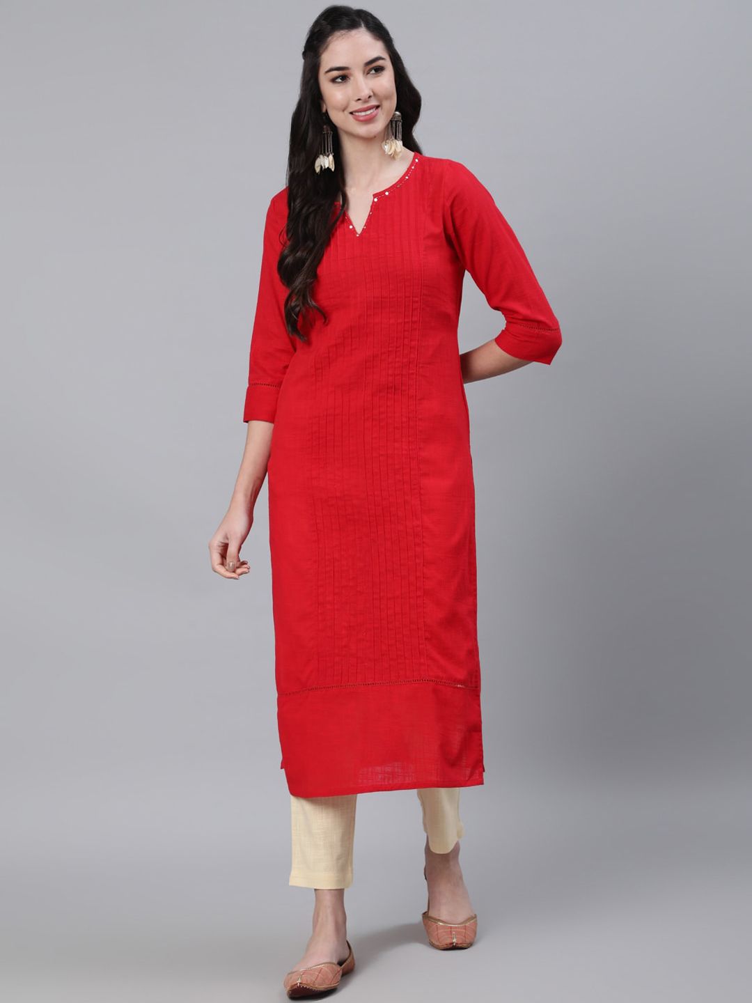 Jaipur Kurti Women Red Pure Cotton Kurta with Trousers Price in India