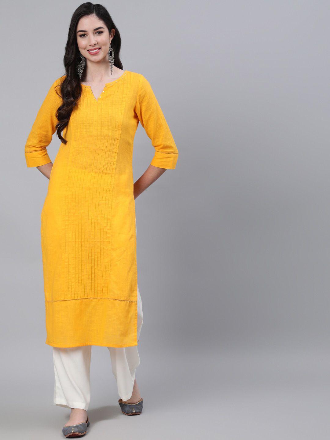 Jaipur Kurti Women Mustard Yellow Pure Cotton Pin Tucks Kurta with Palazzos Price in India