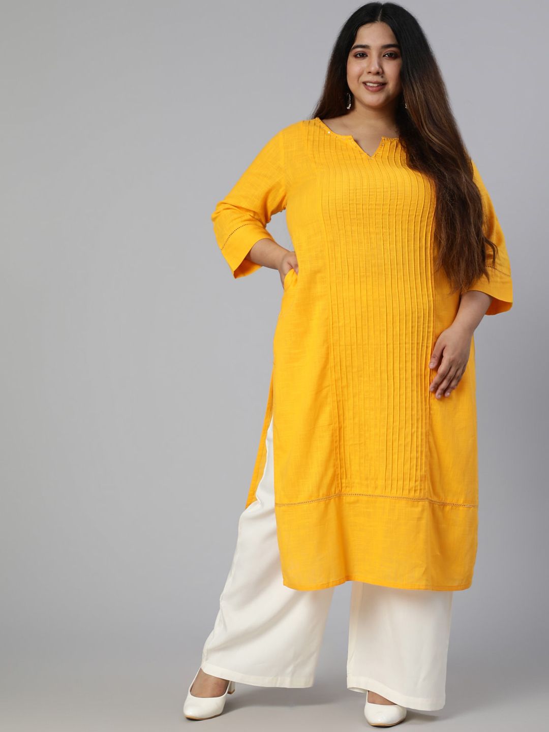 Jaipur Kurti Women Plus Size Mustard Yellow Pin Tucks Pure Cotton Kurta with Palazzos Price in India