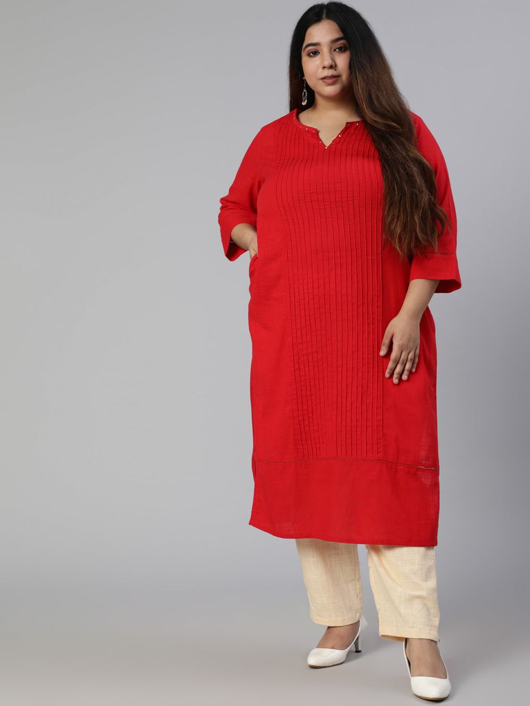 Jaipur Kurti Women Red Panelled Pure Cotton Kurta with Trousers Price in India