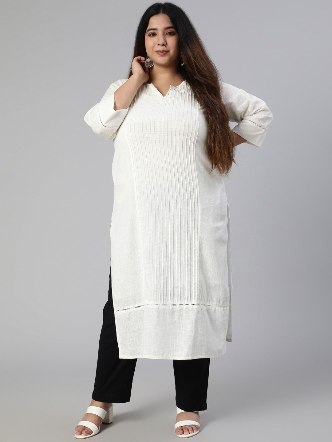 Jaipur Kurti Plus Size Women White Pure Cotton Kurta with Trousers Price in India