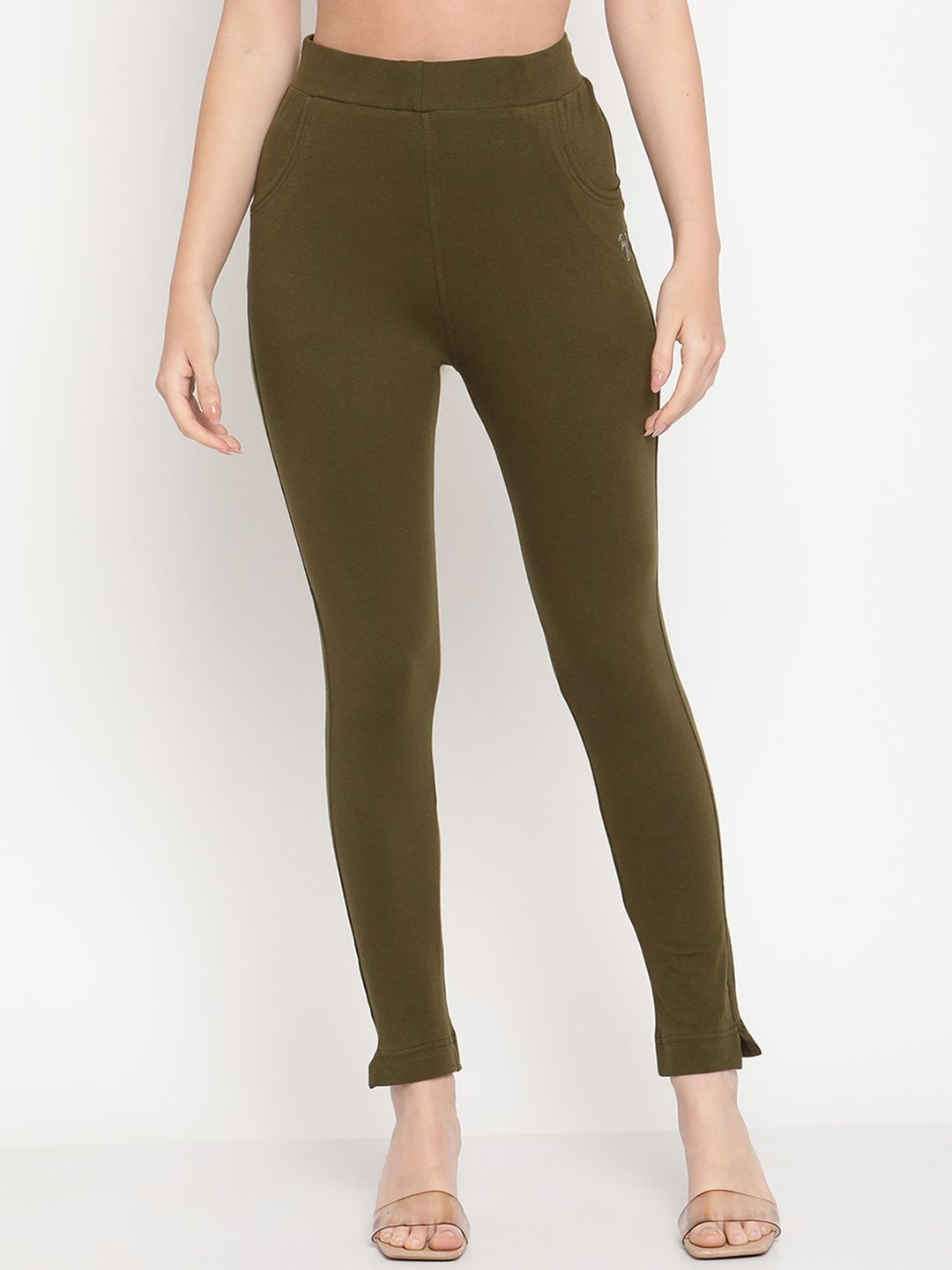 TAG 7 Women Olive Green Solid Ankle-Length Leggings Price in India