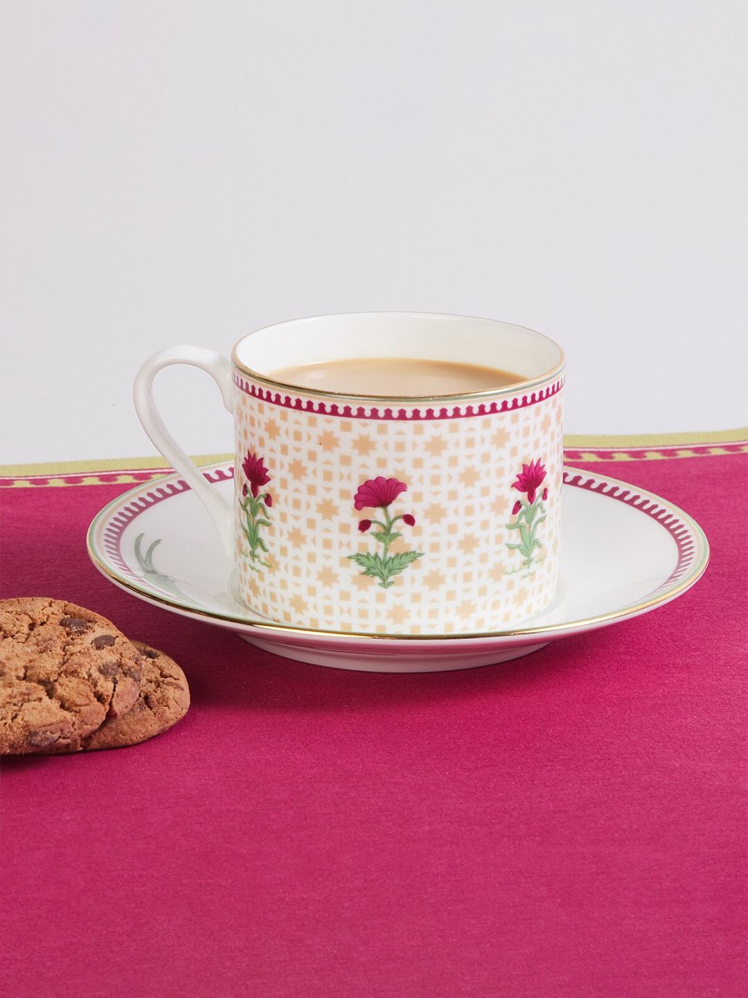 Home Centre White & Pink Printed Bone China Matte Cup & Saucer Price in India