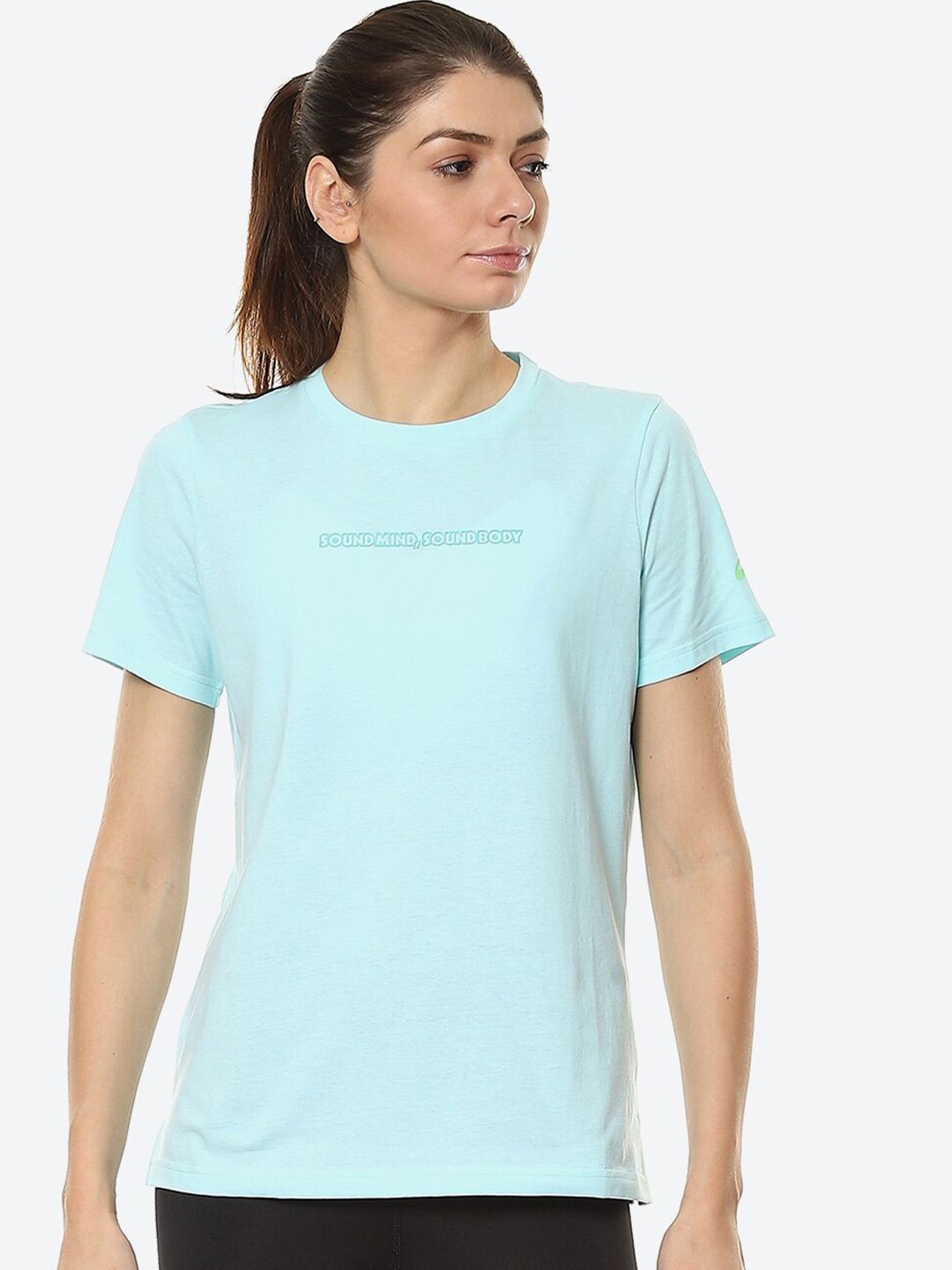 ASICS Women Blue Brand Logo Printed Cotton T-shirt WOLOGO GRAPHIC Price in India