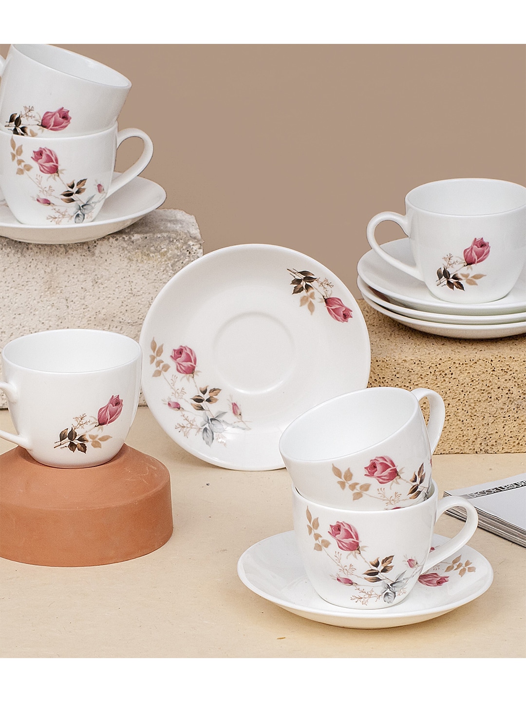 CLAY CRAFT Set of 12 White Floral Printed Ceramic Glossy Cups and Saucers Price in India
