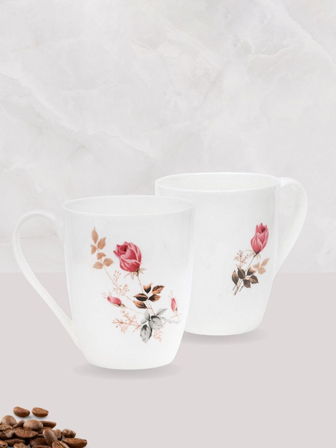 CLAY CRAFT White Floral Printed 2 Ceramic Glossy Mugs Price in India