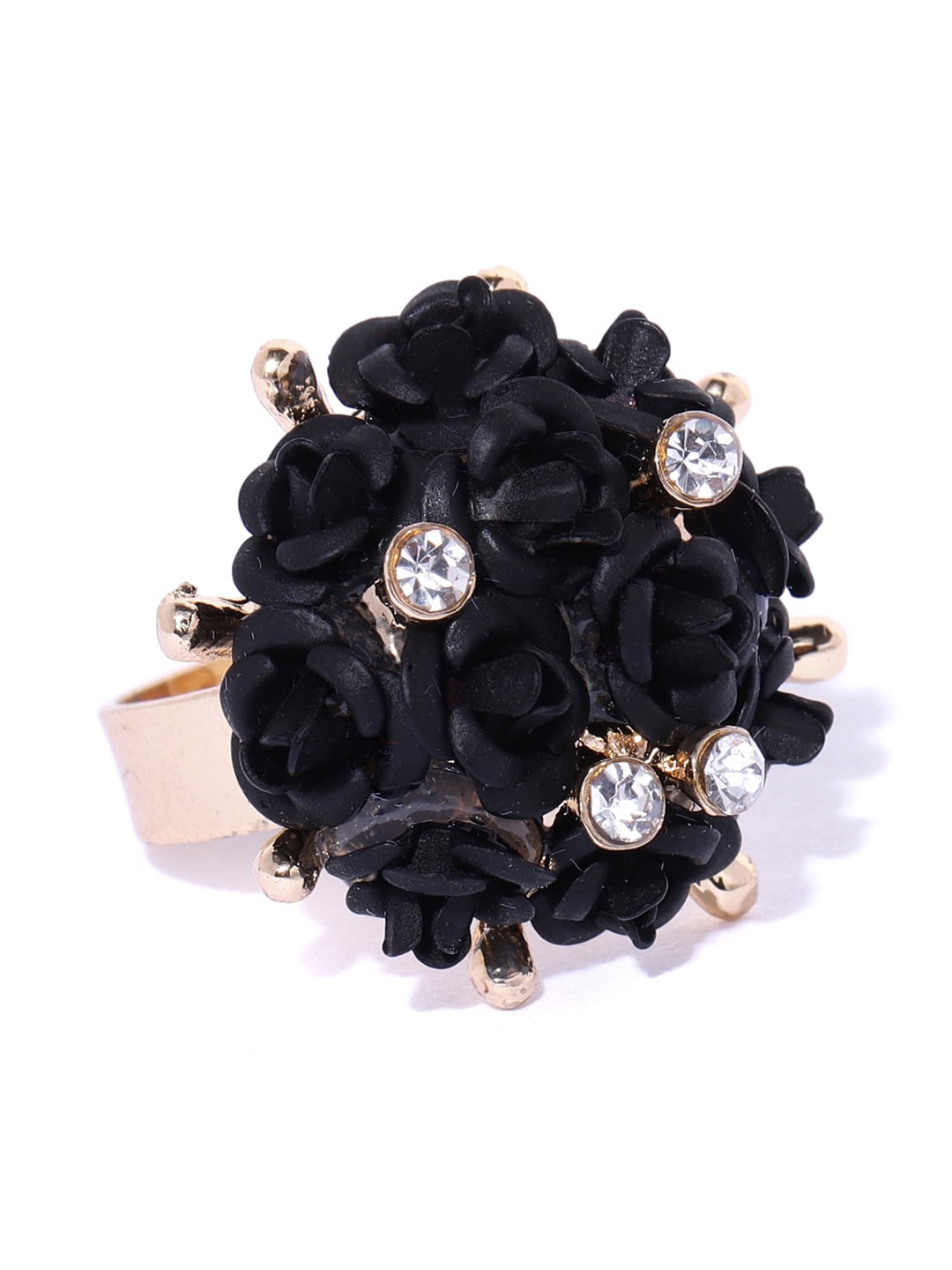 YouBella Gold Plated Black & White Stone Studded Floral Adjustable Finger Ring Price in India