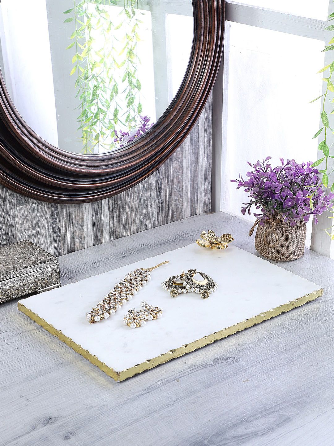 NikkisPride White & Gold-toned Marble Tray With Metal Piece Embedded Price in India