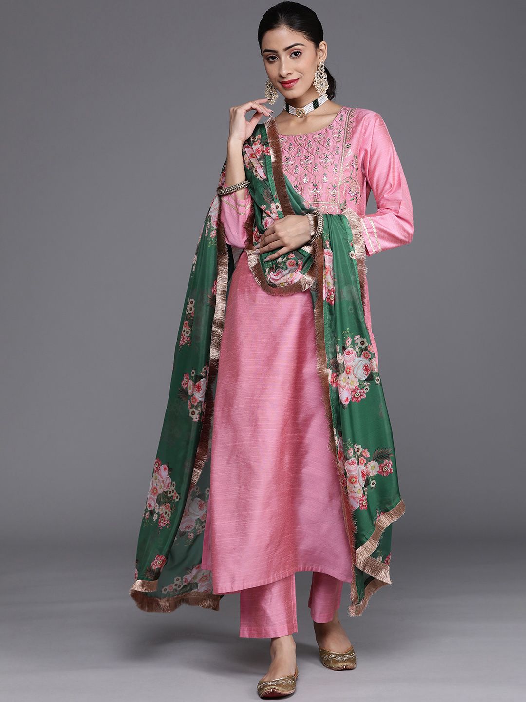 Varanga Women Pink Ethnic Motifs Embroidered Dupion Silk Kurta with Palazzos & With Dupatta Price in India