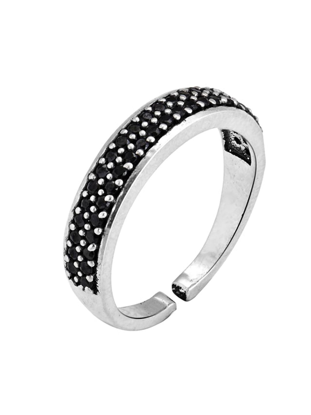 GIVA Rhodium-Plated Black Stones-Studded & Beaded Dotted-Pattern Adjustable Finger Ring Price in India