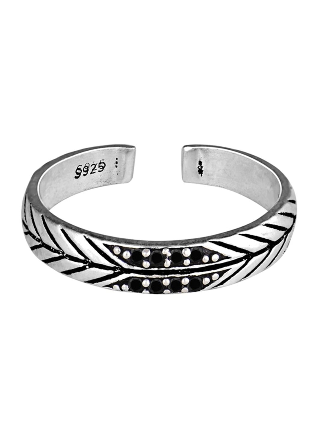 GIVA 925 Sterling Silver Rhodium-Plated Silver-Toned & Black Stone-Studded Finger Ring Price in India