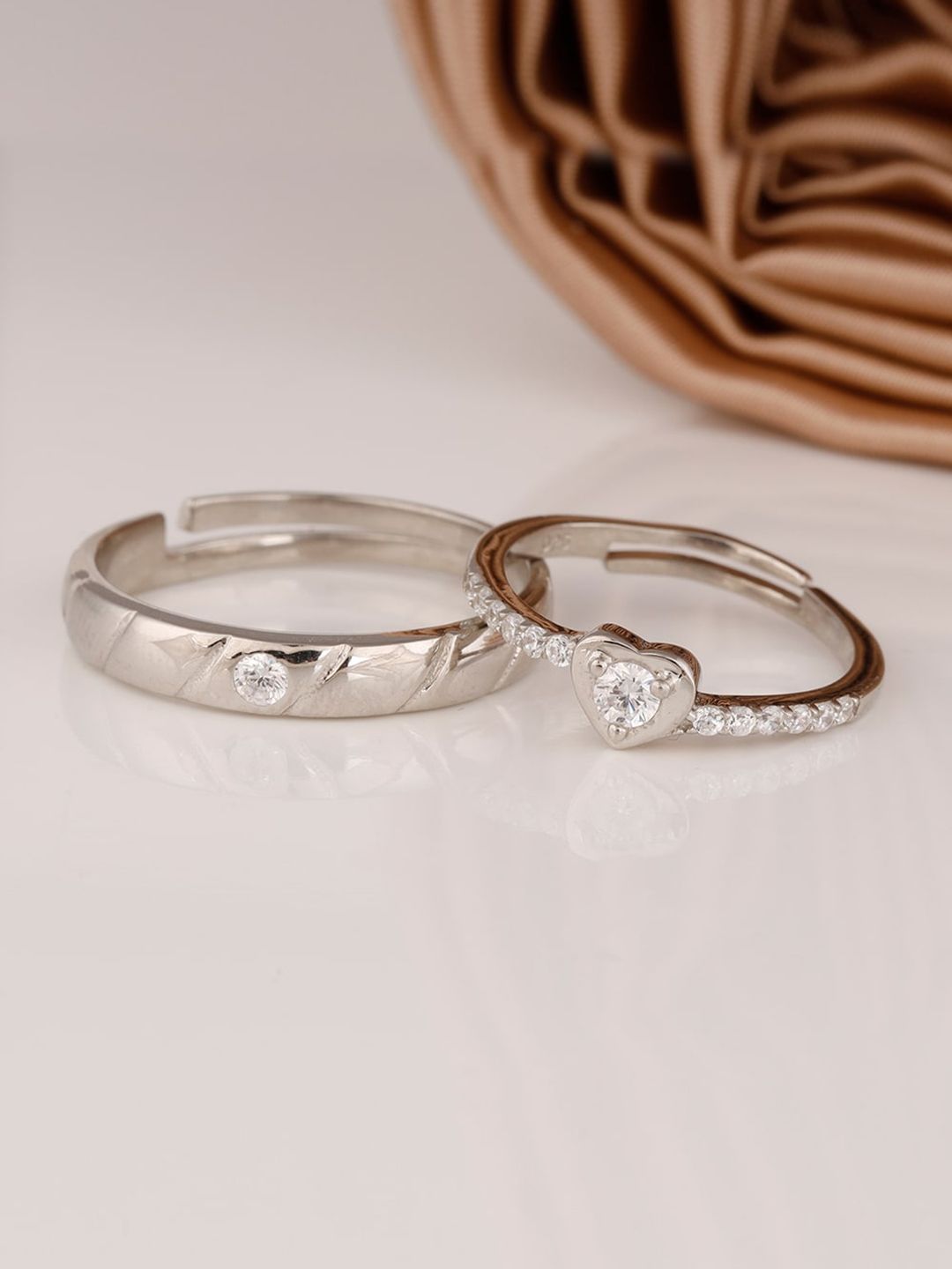 GIVA Set Of 2 Rhodium Plated 925 Sterling Silver CZ Studded Love Smitten Couple Rings Price in India