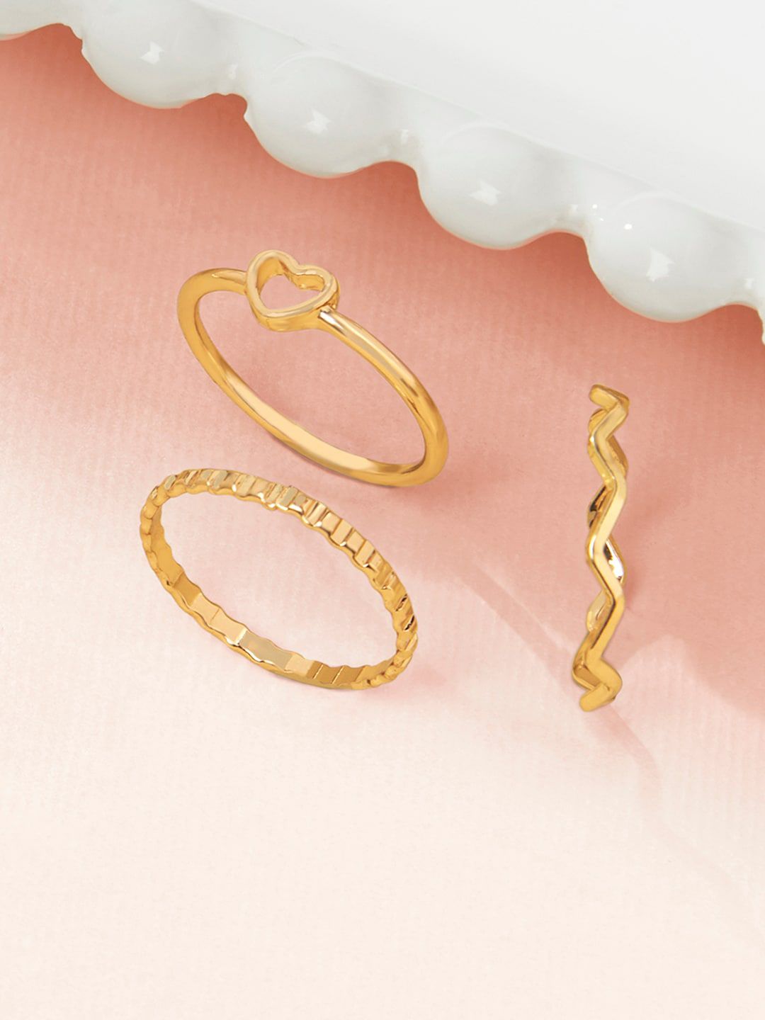 Accessorize Women Set of 3 Gold Heart Wave Ring Pack Price in India