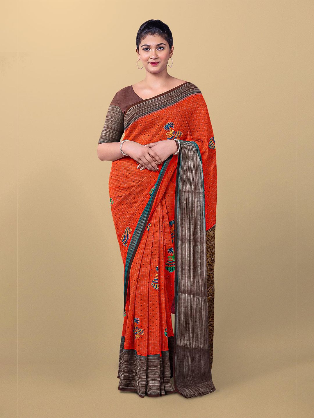 Kalamandir Orange & Brown Ethnic Motifs Pure Linen Saree Price in India