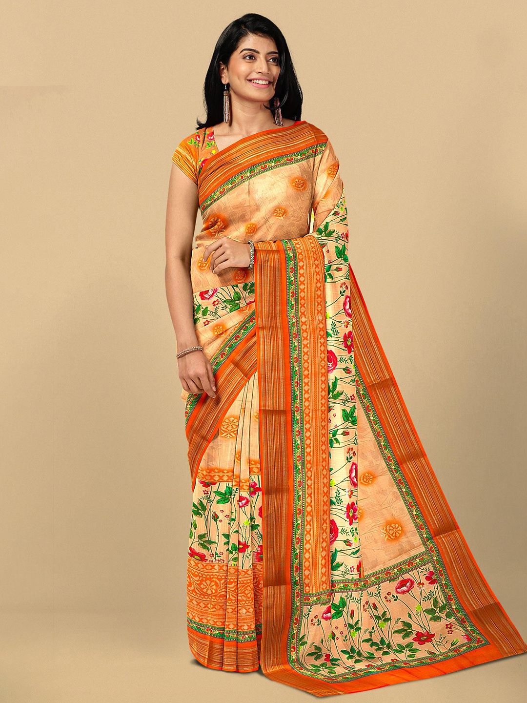 Kalamandir Orange & Green Floral Zari Pure Linen Saree Price in India