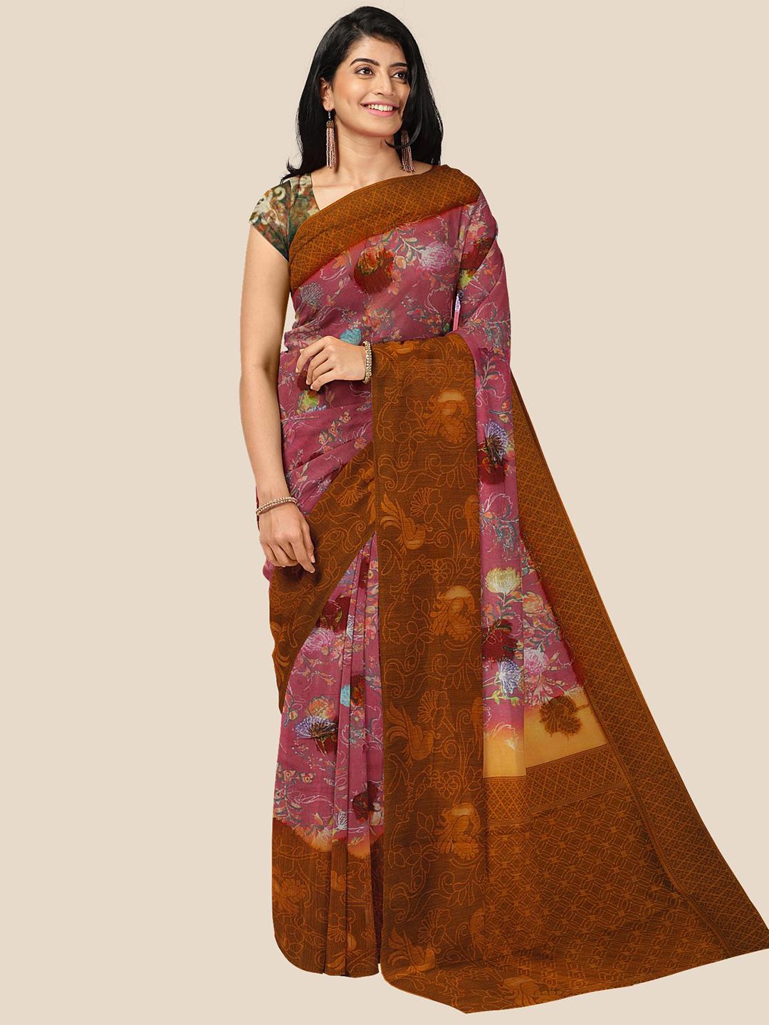 Kalamandir Maroon & Brown Floral Jute Silk Saree Price in India