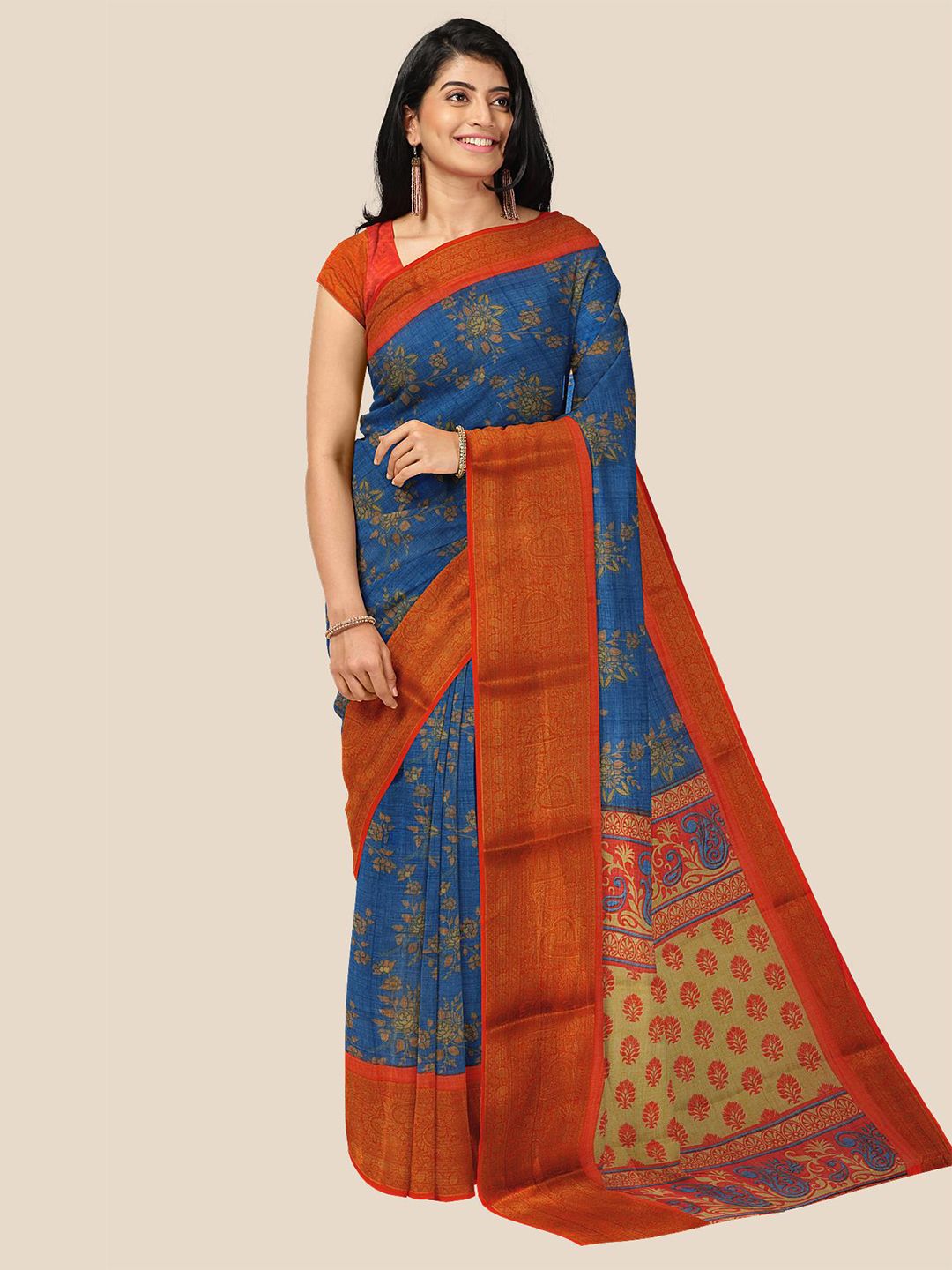 Kalamandir Blue & Red Ethnic Motifs Zari Pure Linen Saree Price in India