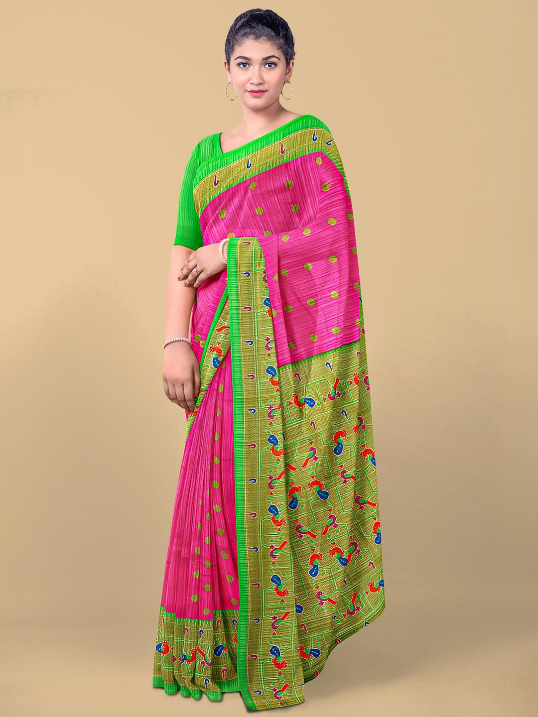 Kalamandir Pink & Green Floral Pure Linen Saree Price in India