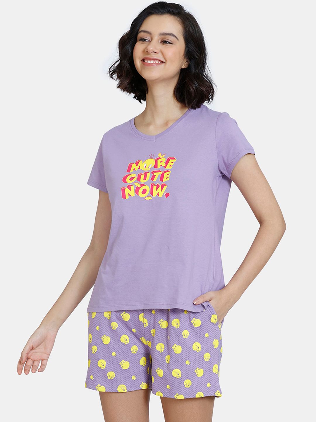 Zivame Women Purple & Yellow Tweety Printed Cotton Night suit Price in India