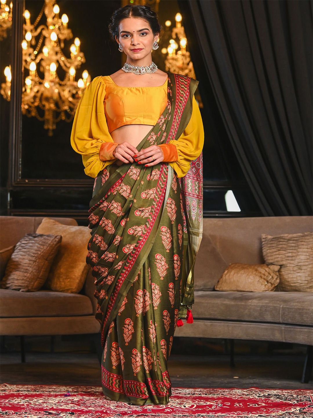 BEATITUDE Green & Pink Ethnic Motif Gajji Satin Silk Saree