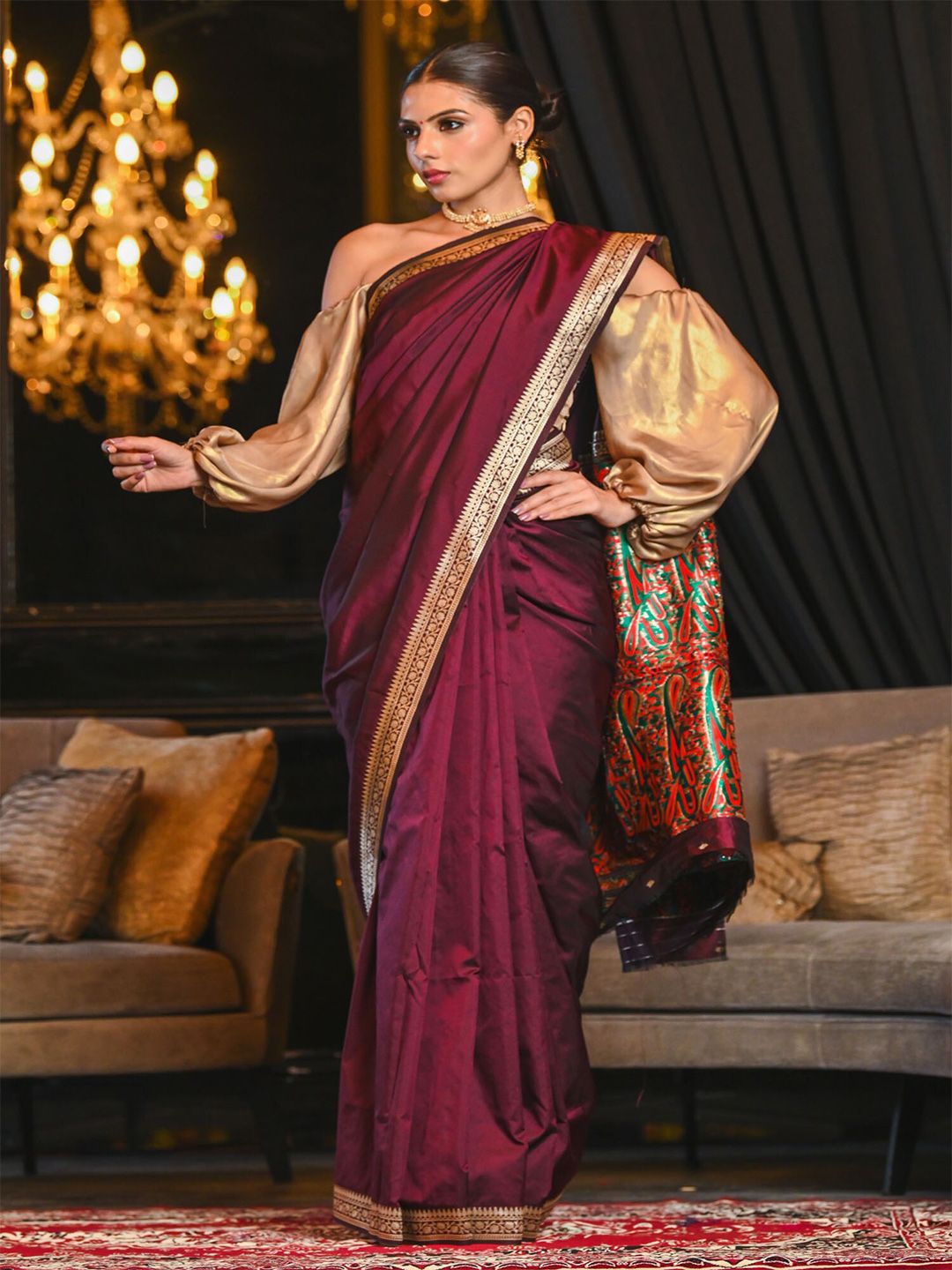 BEATITUDE Burgundy & Gold-Toned Zari Banarasi Saree Price in India