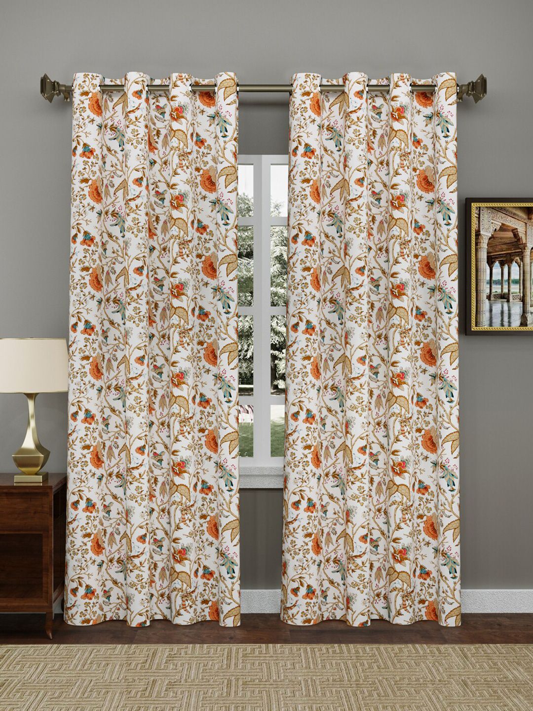 Gulaab Jaipur Orange & Cream-Coloured Set of 2 Floral Door Curtain Price in India