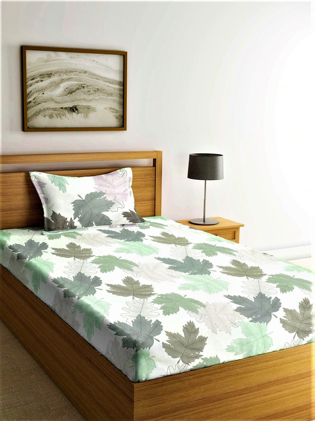 Home Sizzler White & Green Floral 210 TC Single Bedsheet with 1 Pillow Covers Price in India