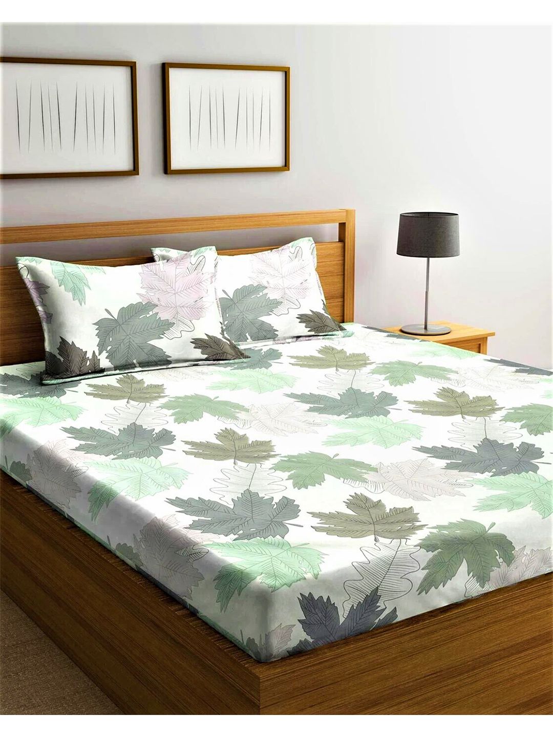 Home Sizzler White & Green Floral 210 TC King Bedsheet with 2 Pillow Covers Price in India