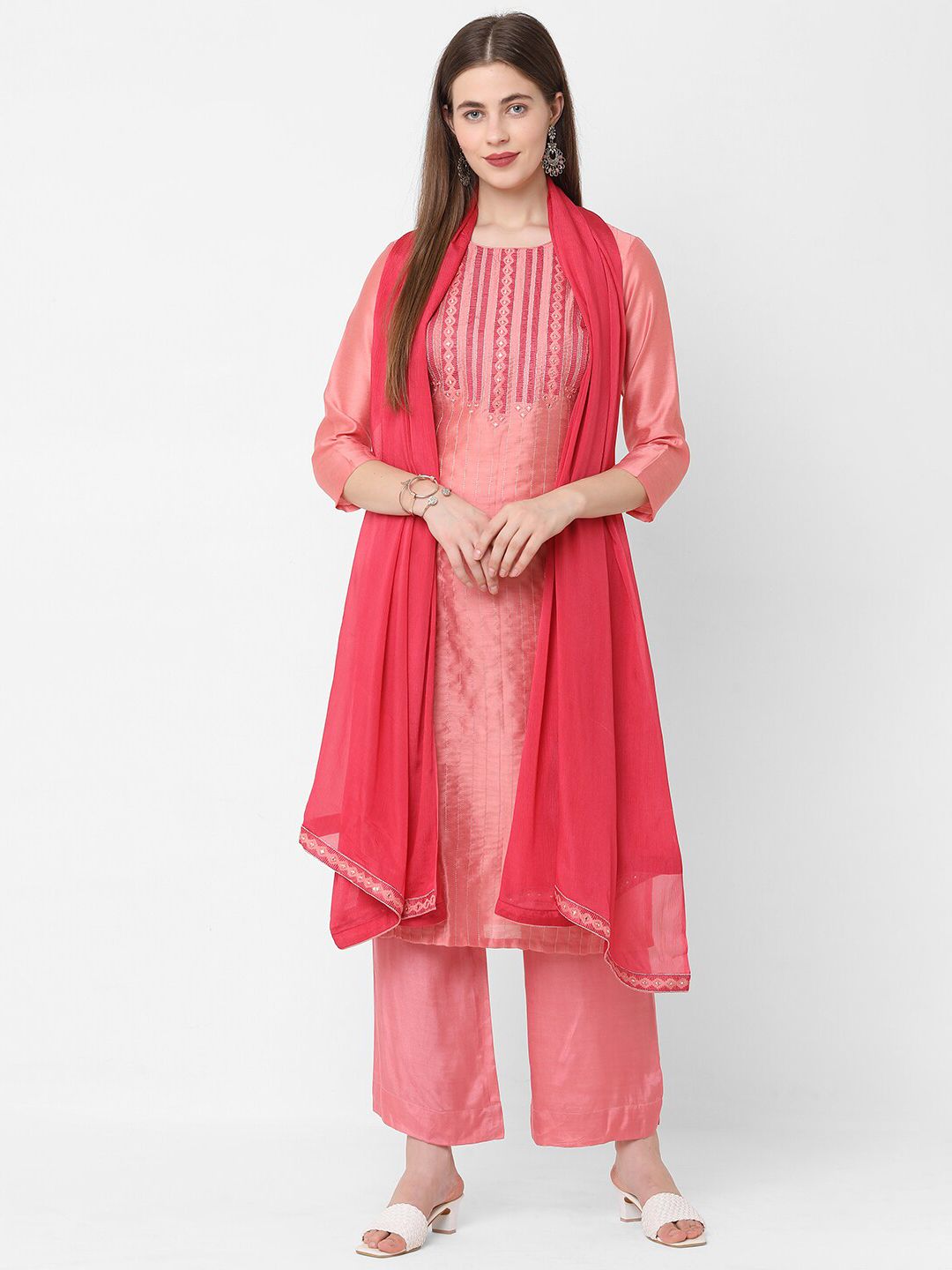 KAMI KUBI Pink Embroidered Unstitched Dress Material Price in India