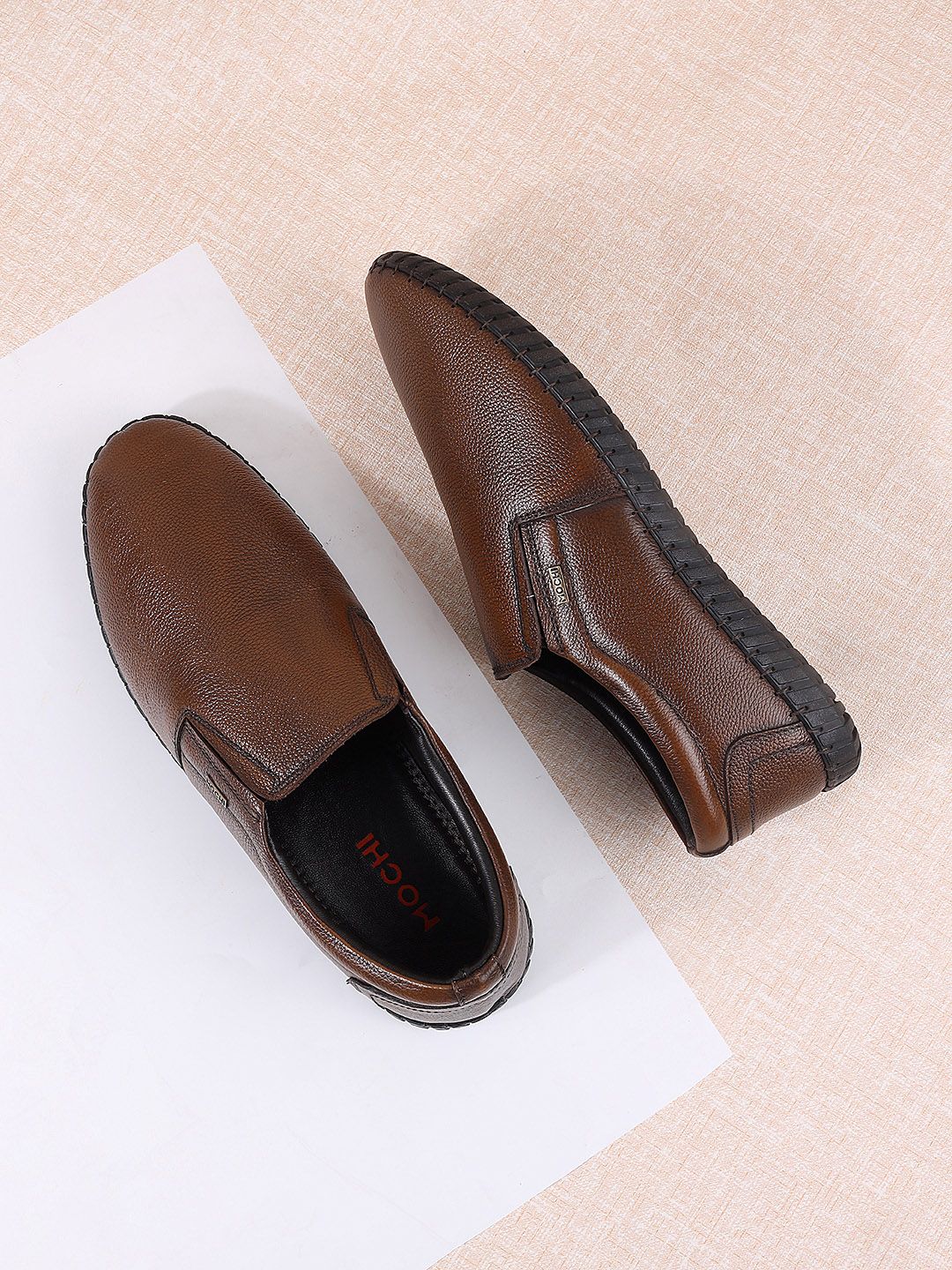 Mochi Men Brown Colourblocked Leather Slip-On Sneakers